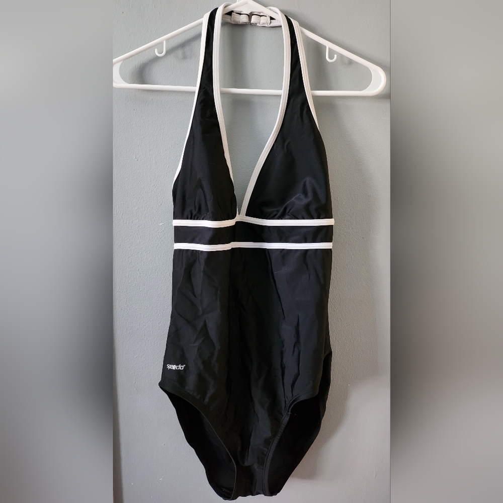 NWOT Black White Speedo Bathing Suit Clasp-Back Halter Top Size 12